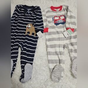 Carter's Navy and Gray Striped Footies with Bulldog and Fire Truck